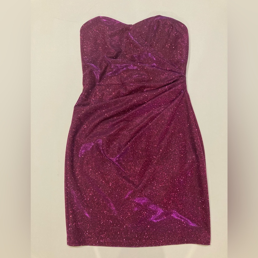 Strapless shimmer cocktail dress.